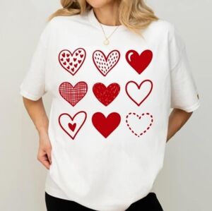 White T-Shirt with Red Heart Designs